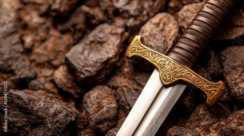 Obraz na płótnie A close-up of an ornate sword resting on a bed of dark rocks, showcasing its intricate hilt and gleaming blade. w salonie