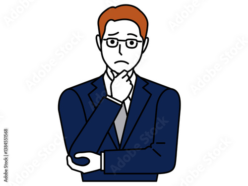 あごに手を当てて悩み顔のスーツの男性