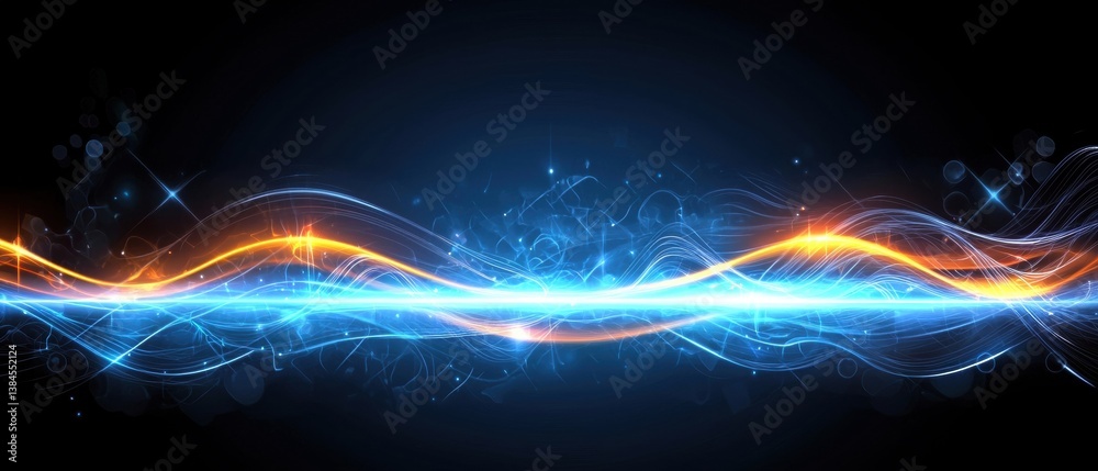 A vibrant abstract design showcasing dynamic blue and orange light waves against a dark background, creating a sense of movement and energy.
