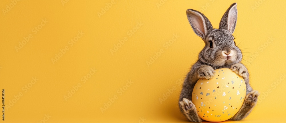 A cute rabbit holding a yellow decorated egg against a bright yellow background, perfect for Easter-themed content.