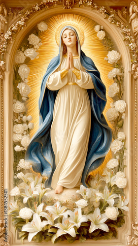 Virgin Mary with Heavenly Glow Surrounded by Lilies and Roses. AI generative.