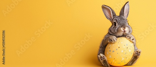 A cute rabbit holding a yellow decorated egg against a bright yellow background, perfect for Easter-themed content.