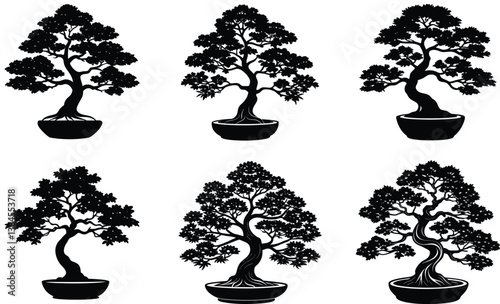 Bonsai tree silhouette black vector art design set