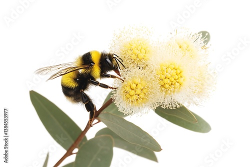 Bumblebee on White Bottlebrush Flower Pollinating, Nectar, Wildlife, Macro, Isolated