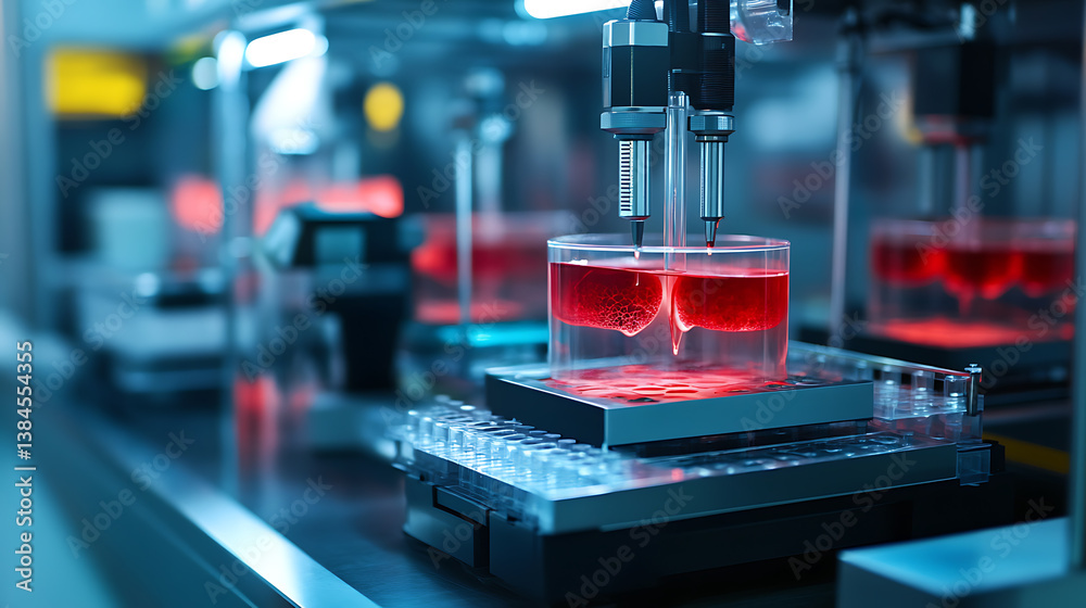 An AI powered futuristic 3D bioprinting lab creating organ models for medical research with precision nanotechnology, Biomedical research style, photo of An AI powered futuristic 3D bioprinting lab creating organ models for medical research with precision nanotechnology, Biomedical research style, photo of