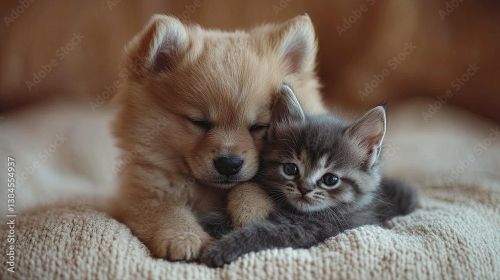 A puppy and kitten cuddling together. - A puppy and kitten cuddling together. -