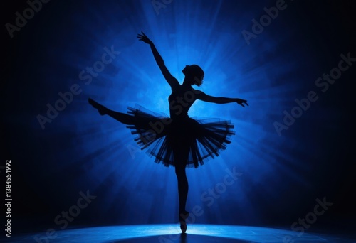 Graceful Ballerina Silhouetted in a Blue Light Stage Setting