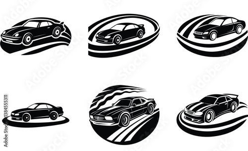 Car drifting on a racetrack silhouette black vector art set design