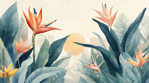 A hand-painted jungle scene with tropical leaves, heliconia, birds of paradise