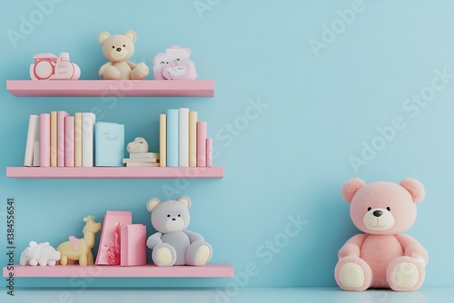 Shelf with teddy bears and toys, pastel colors, books, and decorations, cute ambiance