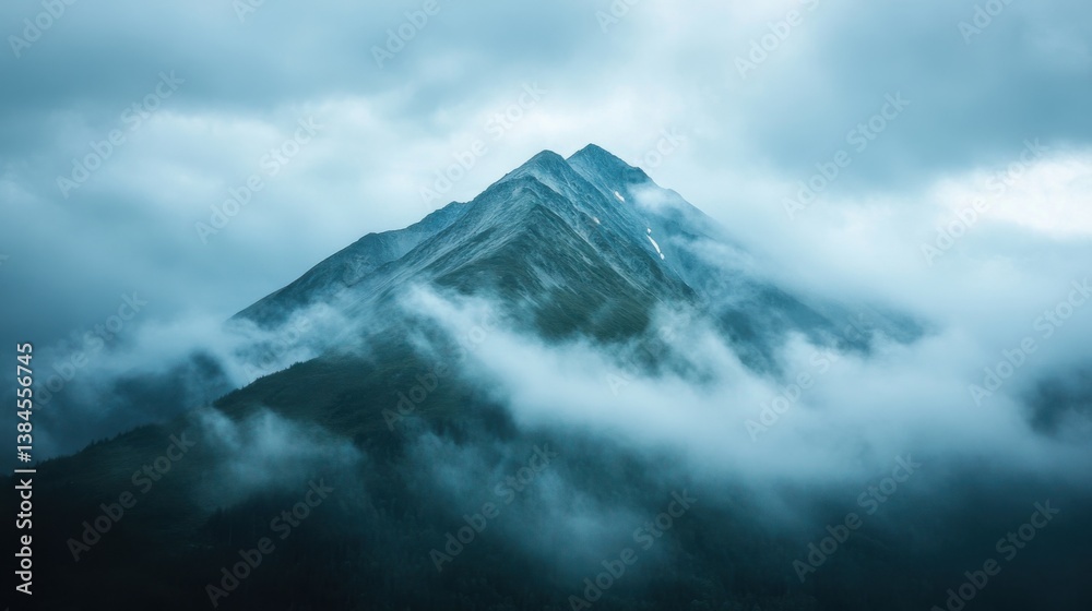Clouds gently wrap around the cloudy mountain peak Clouds gently wrap around the cloudy mountain peak