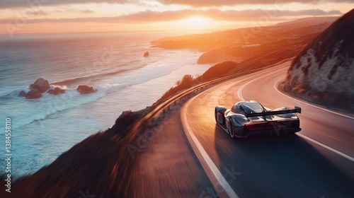 Obraz na płótnie Car driving along coastal road at sunset California coast w salonie