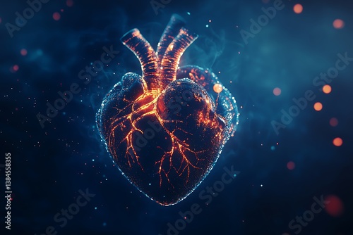 Glowing Anatomical Heart, Veins Lit, Dark Blue Background, Medical Visual, Sparkles, 3D