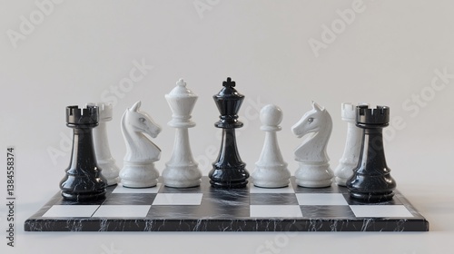 Chess pieces facing off on marble board, studio shot