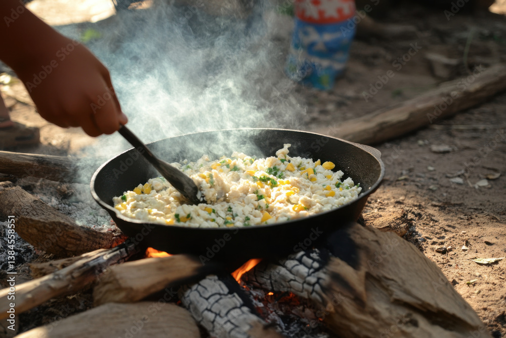 Chef cooking scrambled eggs with corn and chives on bonfire during camping trip Chef cooking scrambled eggs with corn and chives on bonfire during camping trip