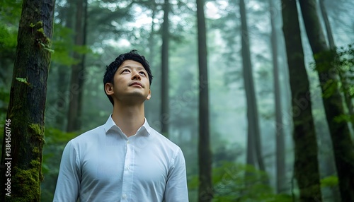 Man in White Shirt Gazes Upward Surrounded by Lush Green Forest