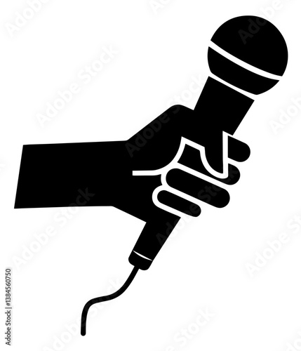 Black silhouette of a hand holding a microphone, expression, performance, public speaking, voice, activism, and communication. sharing opinions, creativity, or raising important societal and cultural 