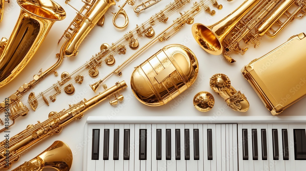 Naklejka premium Elegant array of golden musical instruments showcased on a bright surface