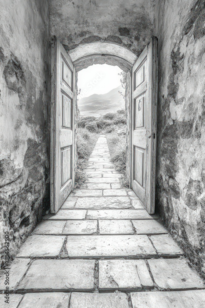 Open doors unveil distant landscape pathway ahead. Open doors unveil distant landscape pathway ahead.
