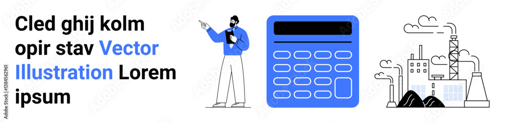 Analyst holding a clipboard presenting data, calculator suggesting computation, and industrial facility with emissions. Ideal for business analysis, finance, industry, presentation, education Analyst holding a clipboard presenting data, calculator suggesting computation, and industrial facility with emissions. Ideal for business analysis, finance, industry, presentation, education