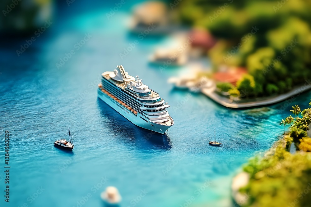 Aerial View of Cruise Ship Sailing Near Lush Tropical Island, Azure Water, Boats Aerial View of Cruise Ship Sailing Near Lush Tropical Island, Azure Water, Boats