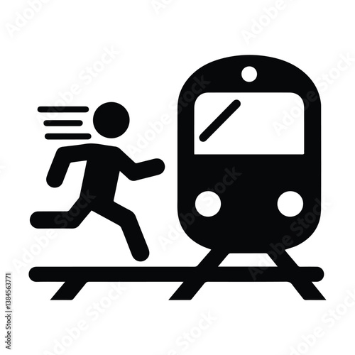 stickman icon, man running to train, danger, warning sign accident