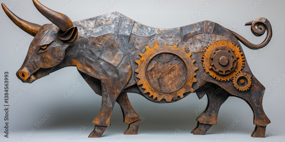 Obraz premium The metal bull sculpture features gears integrated within its design