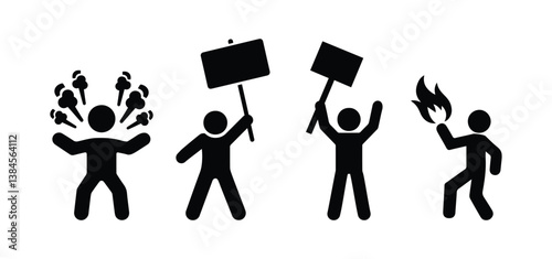protesters, stickman icon set, demonstrations with banners