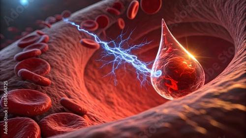 Detailed 3D render of a liquid supplement or drug being absorbed into the bloodstream, symbolizing fast delivery and energy boost.