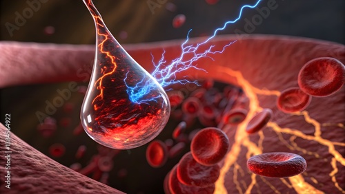 Detailed 3D render of a liquid supplement or drug being absorbed into the bloodstream, symbolizing fast delivery and energy boost.