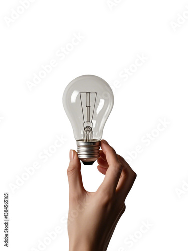 A hand holding a clear glass light blub on a white or transparent background.