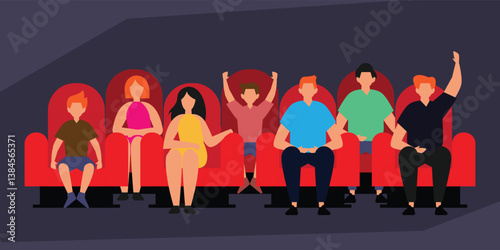 Vibrant vector illustration of people in a cinema, capturing the excitement of movie watching