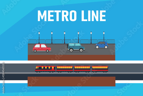 Vibrant 2D illustration depicting a metro line