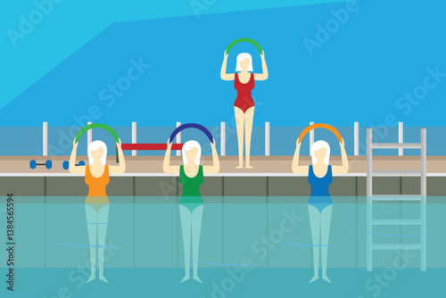 Vibrant 2D illustration depicting aqua aerobics
