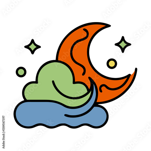 Crescent Moon, Night Sky, Clouds, Stars, Sleep, Dream, Celestial, Cartoon, vector , Design