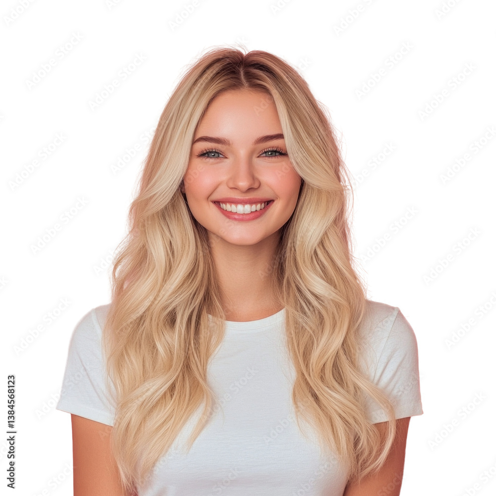 A blonde woman with long hair is smiling and wearing a white shirt A blonde woman with long hair is smiling and wearing a white shirt