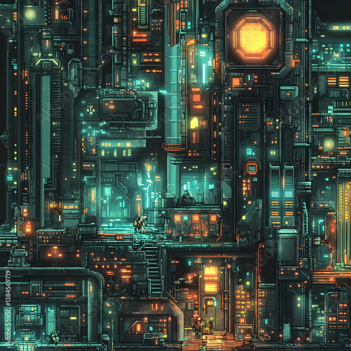 Detailed Pixel Art of Illuminated Cityscape with Complex Architecture Futuristic Structures and Vibrant Glowing Lights in a Dark Urban Setting