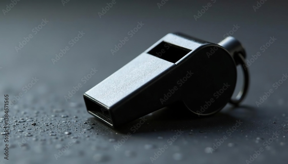 Black plastic whistle, textured surface, side view, official, plastic, black