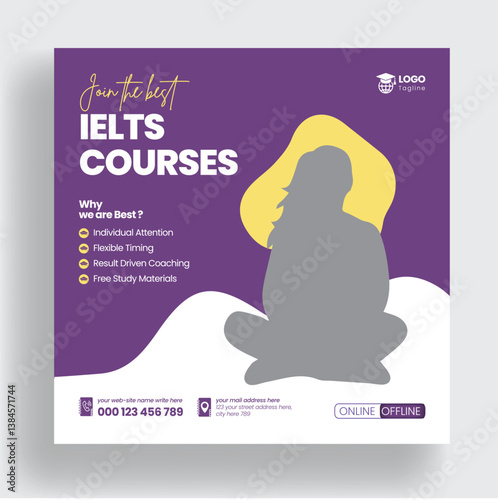 learn English lessons social media post, banner, ad editable templatesand IELTS coaching online language learning courses banner or square flyer poster template