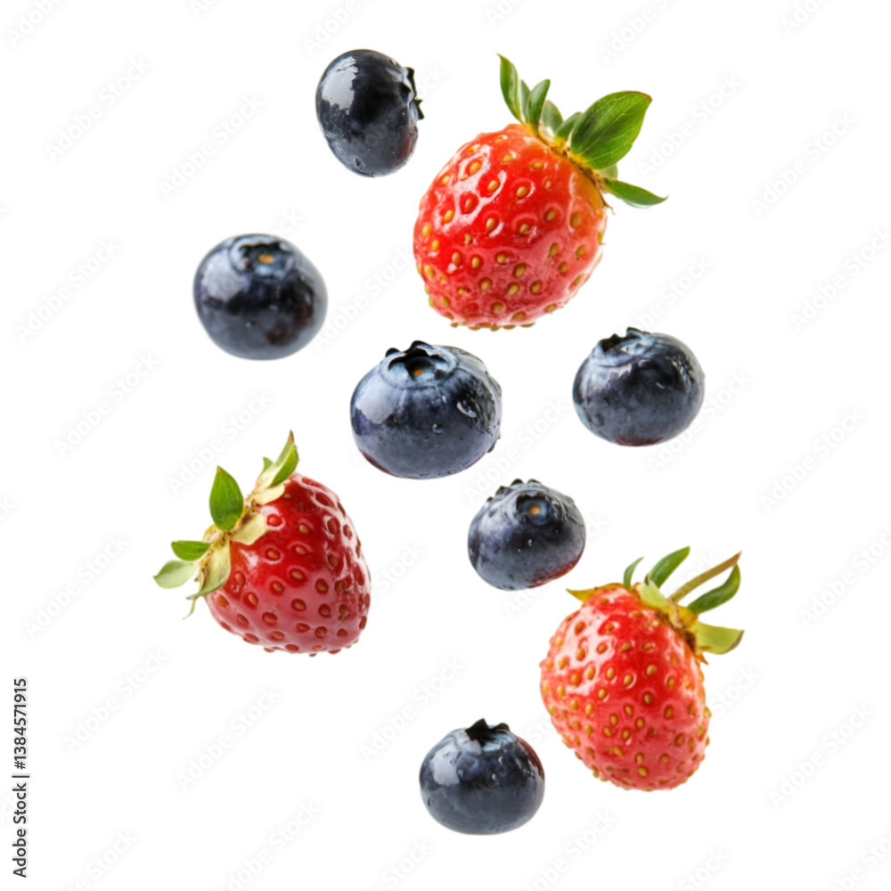 Araffes of strawberries and blueberries are falling into the air
Araffes of strawberries and blueberries are falling into the air