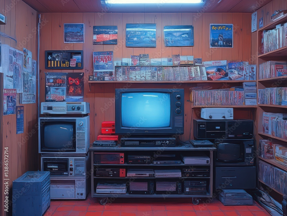 Naklejka premium Retro electronics cluttered storage room nostalgic vibes.