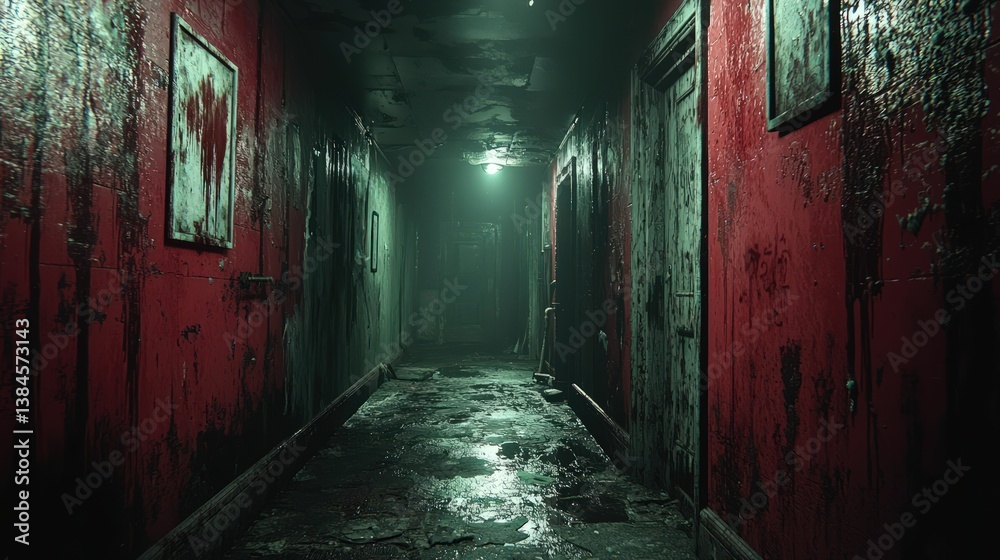 Obraz premium Dark bloody corridor leads to ominous door.