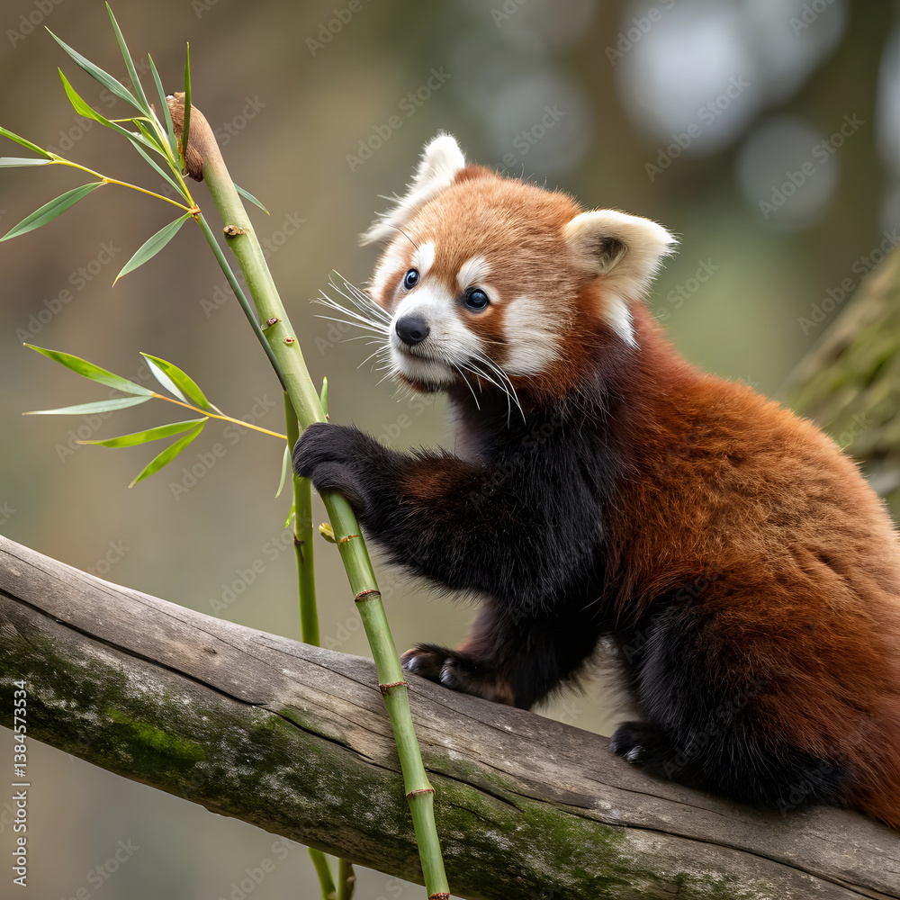 Naklejka premium A curious red panda clings to bamboo on a mossy tree branch, its fluffy rust-colored fur glowing against a soft, forest-blurred background.