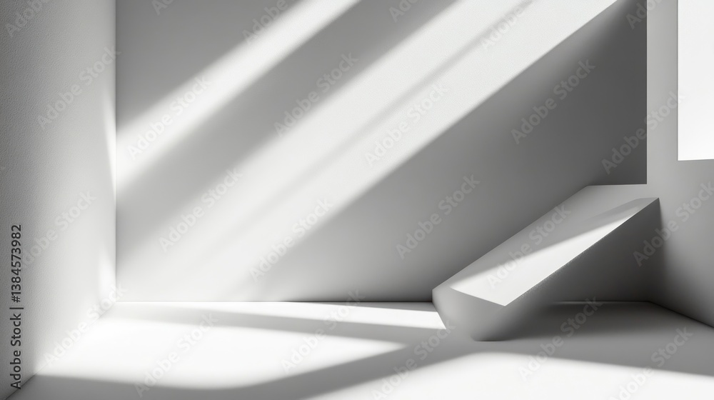 Fototapeta premium Sunlit minimalist white room interior with geometric shapes.
