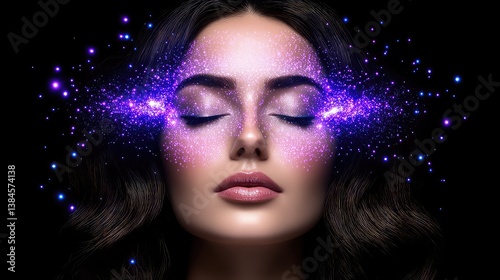 Woman with glowing eyes and cosmic energy around her