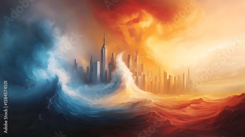 Abstract Cityscape Divided By Fiery And Icy Waves