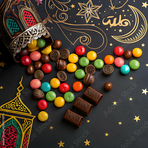 colorful ramadan kareem concept background with sweet candies on dark background