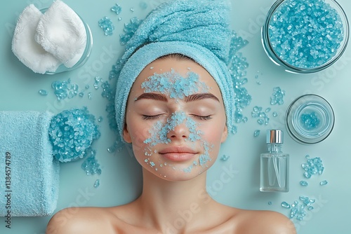 Relaxed Caucasian Woman with Spa Salt on Face and Blue Towel On Head, Closed Eyes