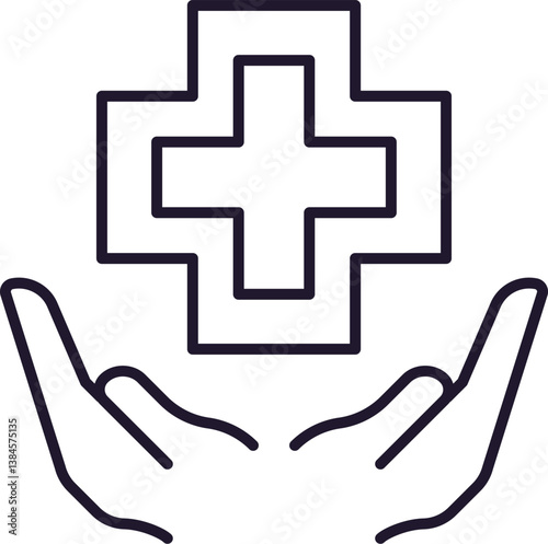 Medical Cross above Open Hands Minimalistic Linear Pictogram for Web and Graphic Design, Apps, Banners, Social Network and Cards