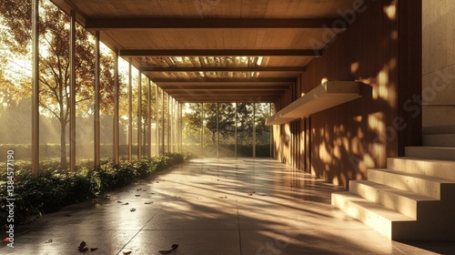 Sunlit modern walkway with autumn foliage and building.